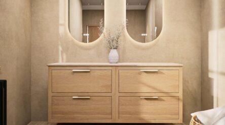Hangend donker eiken badkamermeubel 160 cm met twee lades en grijs limestone blad