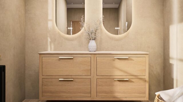 Hangend donker eiken badkamermeubel 160 cm met twee lades en grijs limestone blad