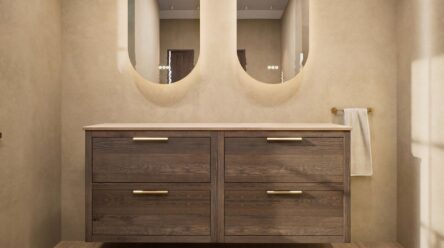 Hangend naturel eiken badkamermeubel 160 cm met dubbele lade en limestone blad met witte waskom