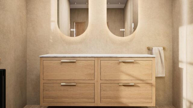 Hangend donker eiken badkamermeubel 160 cm met dubbele lade en limestone blad met witte waskom