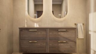 Modern naturel eiken badkamermeubel 160 cm met dubbele lade, vlak front en massief eiken blad met witte waskom