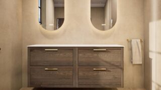 Hangend naturel eiken badmeubel 160 cm met twee lades, vlak front en solid surface met 2 waskommen
