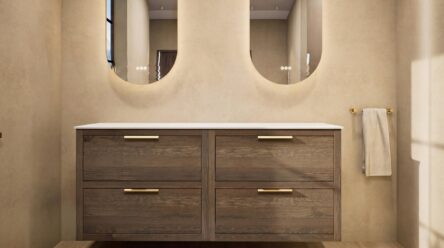Hangend naturel eiken badmeubel 160 cm met twee lades, vlak front en solid surface met 2 waskommen