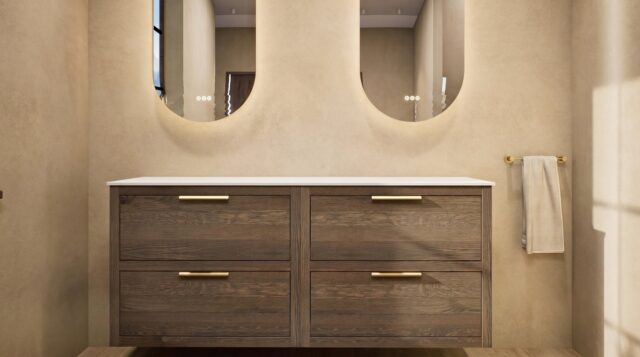 Hangend naturel eiken badmeubel 160 cm met twee lades, vlak front en solid surface met 2 waskommen