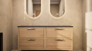 Hangend donker eiken wastafelmeubel 160 cm met dubbele lade en solid surface blad met waskom
