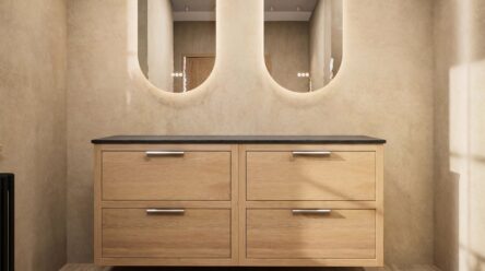 Hangend donker eiken wastafelmeubel 160 cm met dubbele lade en solid surface blad met waskom