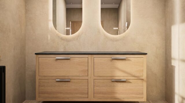 Hangend donker eiken wastafelmeubel 160 cm met dubbele lade en solid surface blad met waskom