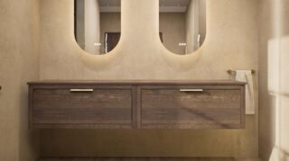 Modern naturel eiken badkamermeubel 200 cm met enkele lade, vlak front en massief eiken blad met witte waskom