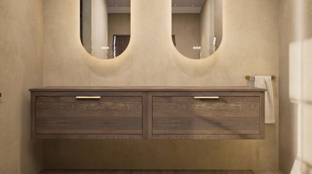 Modern naturel eiken badkamermeubel 200 cm met enkele lade, vlak front en massief eiken blad met witte waskom