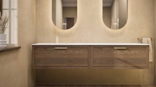 Hangend naturel eiken badkamermeubel 200 cm met één lade, vlak front en solid surface met 2 waskommen