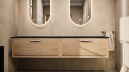 Hangend donker eiken wastafelmeubel 200 cm met enkele lade en solid surface blad met waskom
