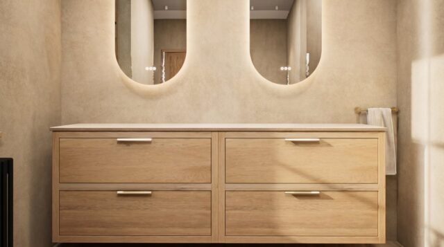Hangend donker eiken badkamermeubel 200 cm met twee lades en grijs limestone blad