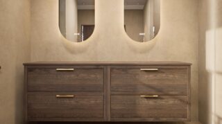 Modern naturel eiken badkamermeubel 200 cm met dubbele lade, vlak front en massief eiken blad met witte waskom