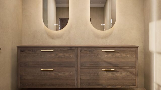 Modern naturel eiken badkamermeubel 200 cm met dubbele lade, vlak front en massief eiken blad met witte waskom