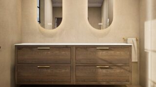 Modern wastafelmeubel 200 cm massief naturel eiken met twee lades en solid surface met 2 waskommen