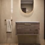 Modern naturel eiken badkamermeubel 80 cm met enkele lade, vlak front en grijs limestone blad met witte waskom
