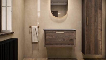 Modern naturel eiken badkamermeubel 80 cm met enkele lade, vlak front en grijs limestone blad met witte waskom
