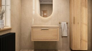 Hangend donker eiken badkamermeubel 80 cm met één lade en grijs limestone blad