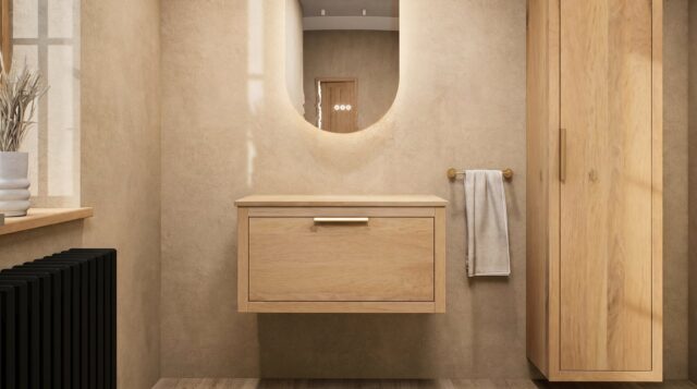 Hangend donker eiken badkamermeubel 80 cm met één lade en grijs limestone blad