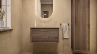 Modern naturel eiken badkamermeubel 80 cm met enkele lade, vlak front en massief eiken blad met witte waskom
