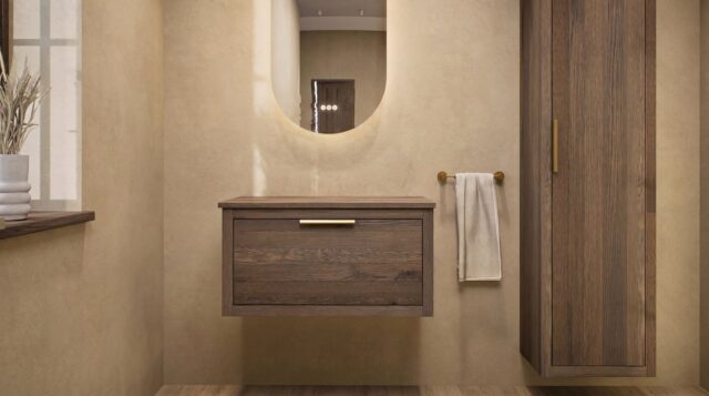 Modern naturel eiken badkamermeubel 80 cm met enkele lade, vlak front en massief eiken blad met witte waskom