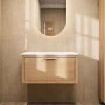 Modern eiken badkamermeubel 80 cm met enkele lade, vlak front en massief eiken blad met witte waskom