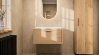 Modern eiken badkamermeubel 80 cm met enkele lade, vlak front en massief eiken blad met witte waskom