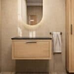 Hangend donker eiken wastafelmeubel 80 cm met enkele lade en solid surface blad met waskom
