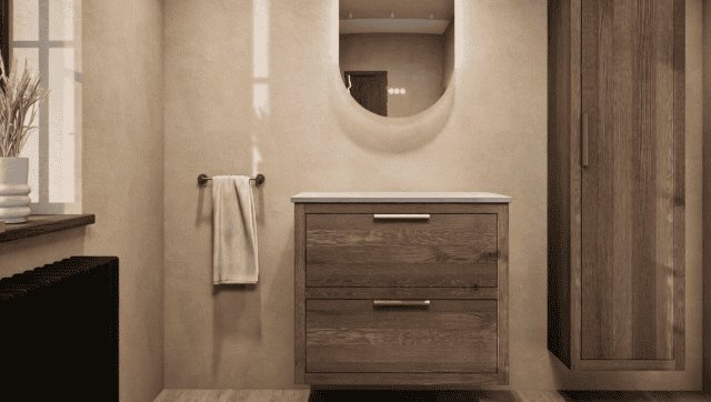 Modern naturel eiken badkamermeubel 80 cm met dubbele lade, vlak front en grijs limestone blad met witte waskom