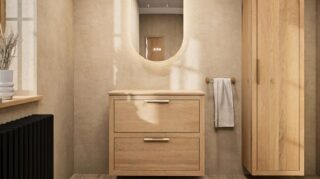 Hangend donker eiken badkamermeubel 80 cm met twee lades en grijs limestone blad