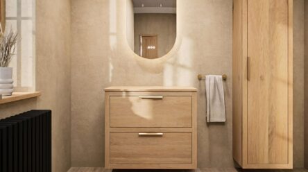 Hangend donker eiken badkamermeubel 80 cm met twee lades en grijs limestone blad