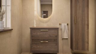 Modern naturel eiken badkamermeubel 80 cm met dubbele lade, vlak front en massief eiken blad met witte waskom