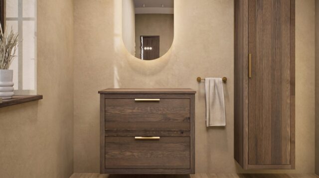 Modern naturel eiken badkamermeubel 80 cm met dubbele lade, vlak front en massief eiken blad met witte waskom