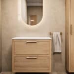 Modern eiken badkamermeubel 80 cm met dubbele lade, vlak front en massief eiken blad met witte waskom