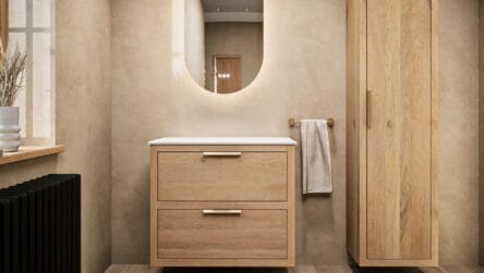 Modern eiken badkamermeubel 80 cm met dubbele lade, vlak front en massief eiken blad met witte waskom
