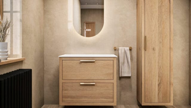 Modern eiken badkamermeubel 80 cm met dubbele lade, vlak front en massief eiken blad met witte waskom