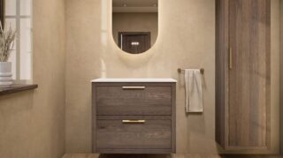 Hangend modern badmeubel 80 cm in naturel eiken met dubbele lade en solid surface met witte waskom