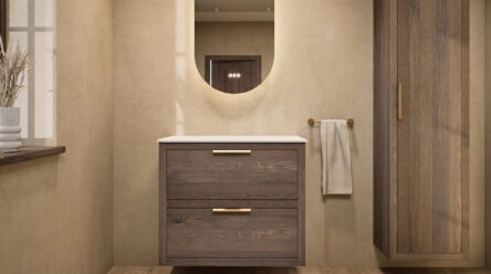 Hangend modern badmeubel 80 cm in naturel eiken met dubbele lade en solid surface met witte waskom