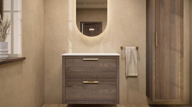 Hangend modern badmeubel 80 cm in naturel eiken met dubbele lade en solid surface met witte waskom