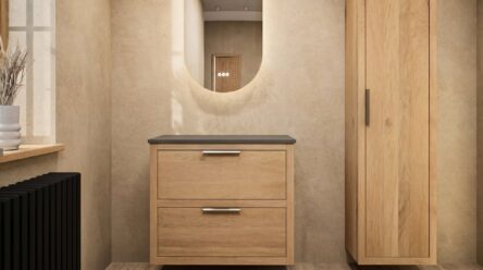 Hangend donker eiken wastafelmeubel 80 cm met dubbele lade en solid surface blad met waskom