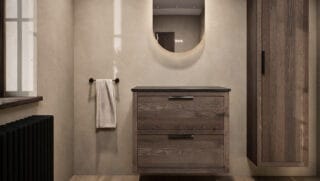 Hangend naturel eiken badkamermeubel 80 cm met dubbele lade en granieten blad met witte waskom