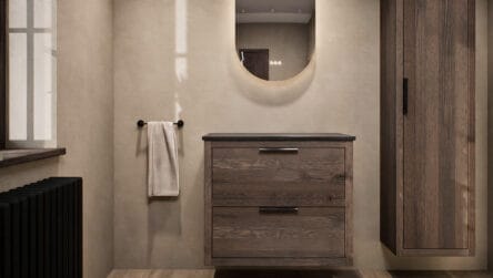 Hangend naturel eiken badkamermeubel 80 cm met dubbele lade en granieten blad met witte waskom