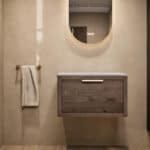 Modern naturel eiken badkamermeubel 70 cm met enkele lade, vlak front en grijs limestone blad met witte waskom
