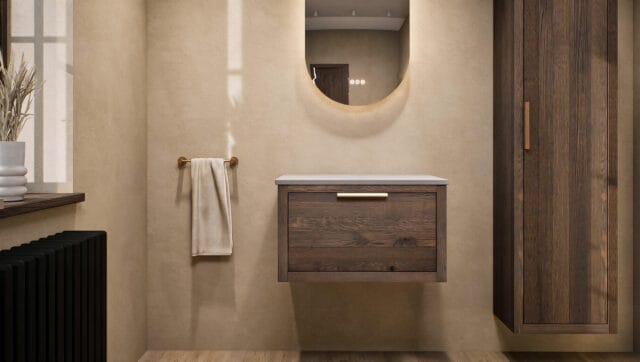 Modern naturel eiken badkamermeubel 70 cm met enkele lade, vlak front en grijs limestone blad met witte waskom