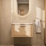 Hangend donker eiken badkamermeubel 70 cm met één lade en grijs limestone blad