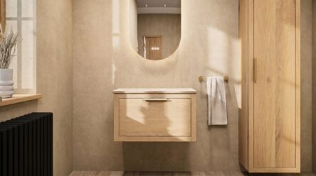 Hangend donker eiken badkamermeubel 70 cm met één lade en grijs limestone blad