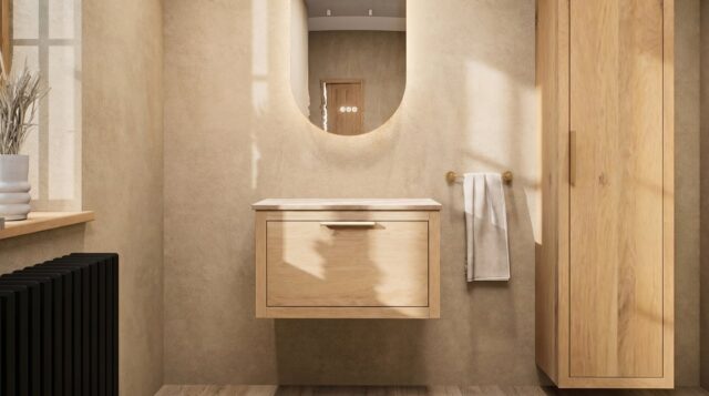 Hangend donker eiken badkamermeubel 70 cm met één lade en grijs limestone blad