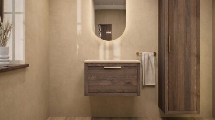 Hangend naturel eiken badkamermeubel 70 cm met één lade en beige limestone wastafel