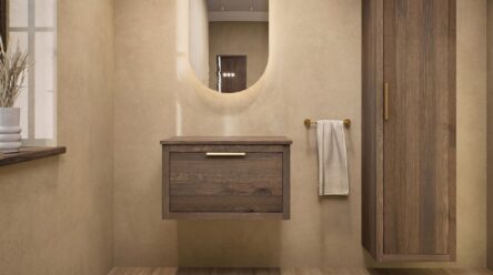 Modern naturel eiken badkamermeubel 70 cm met enkele lade, vlak front en massief eiken blad met witte waskom