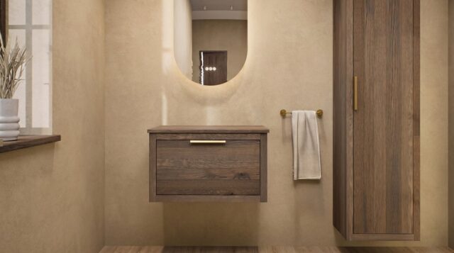 Modern naturel eiken badkamermeubel 70 cm met enkele lade, vlak front en massief eiken blad met witte waskom